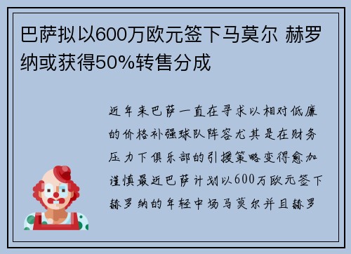 巴萨拟以600万欧元签下马莫尔 赫罗纳或获得50%转售分成