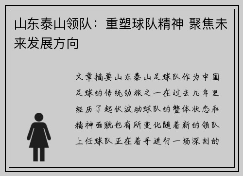 山东泰山领队：重塑球队精神 聚焦未来发展方向